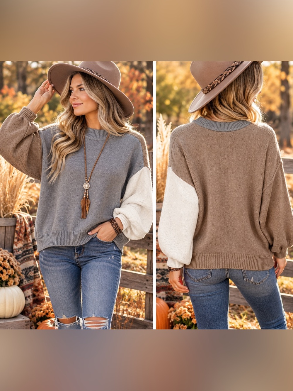 Blu Pepper Colorblock Balloon Sleeve Sweater - Gray, Taupe & Cream